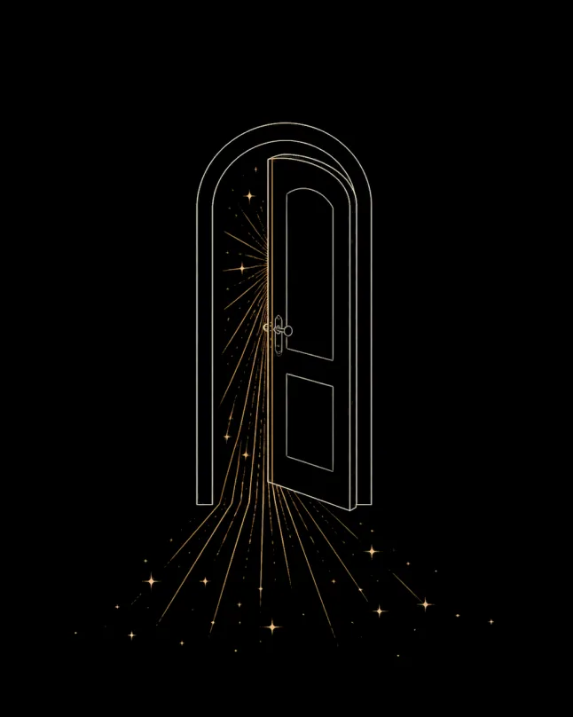 A door slightly open with light and stars spilling through