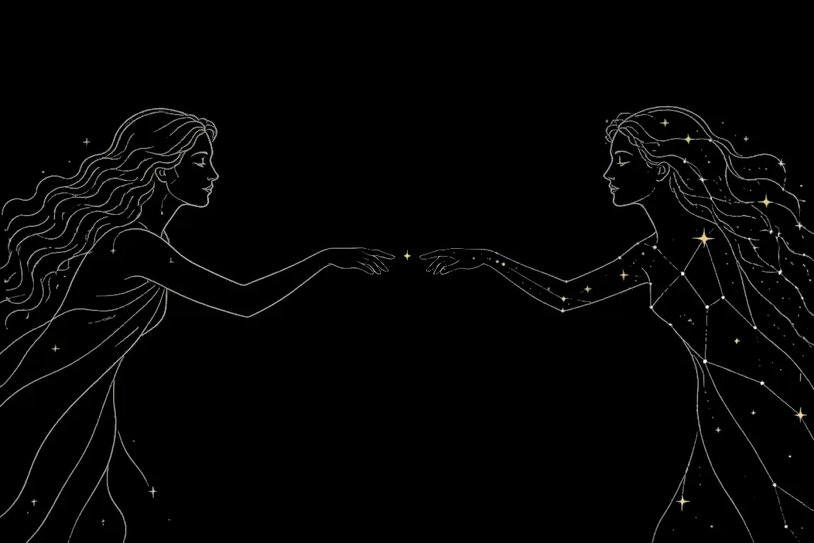 Two women drawn as constellations reaching toward each other, fingertips almost touching