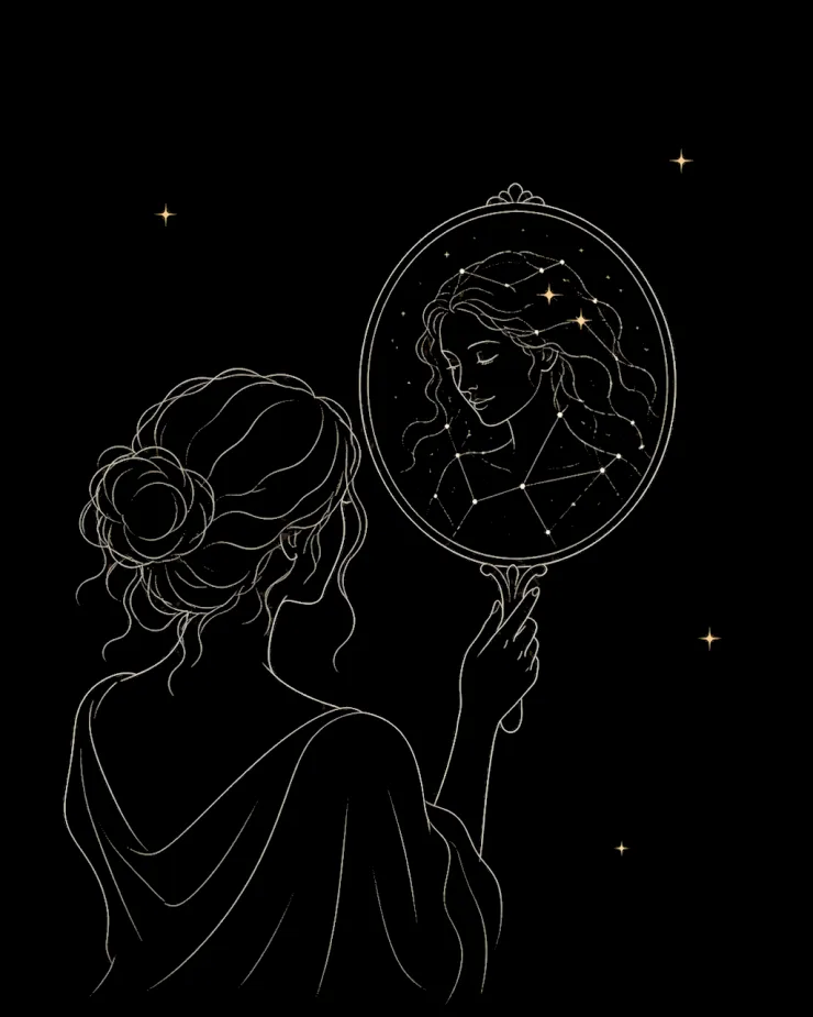 A woman holding a hand mirror in which her reflection is made of stars