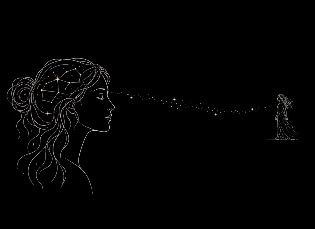 A woman's head in profile with a constellation for a brain, and a faint dotted version of her standing far away